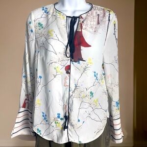 Vintage Cl'rain Graphic White Floral Asian Print Blouse Tassel Size M